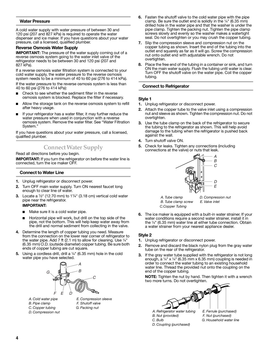 KitchenAid W10206412A Connect Water Supply, Water Pressure, Reverse Osmosis Water Supply, Connect to Water Line 