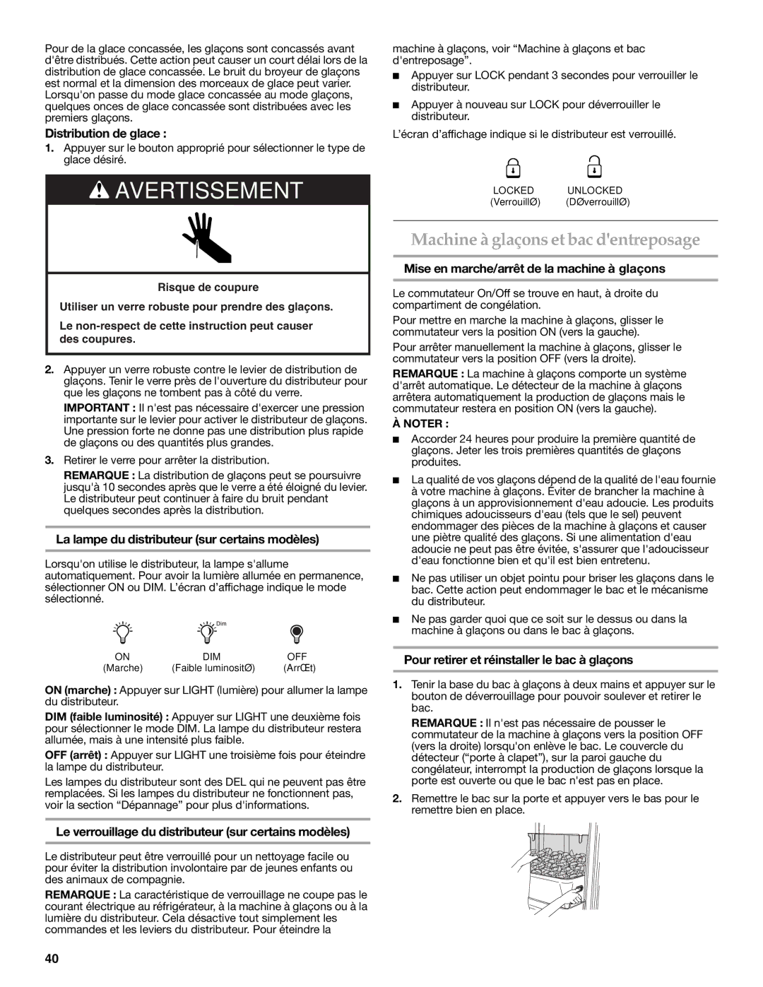 KitchenAid W10206412A, W10206413A installation instructions Machine à glaçons et bac dentreposage 