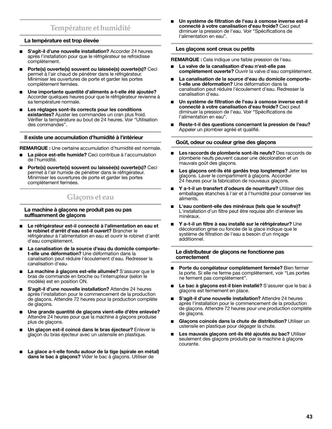 KitchenAid W10206413A, W10206412A installation instructions Température et humidité, Glaçons et eau 