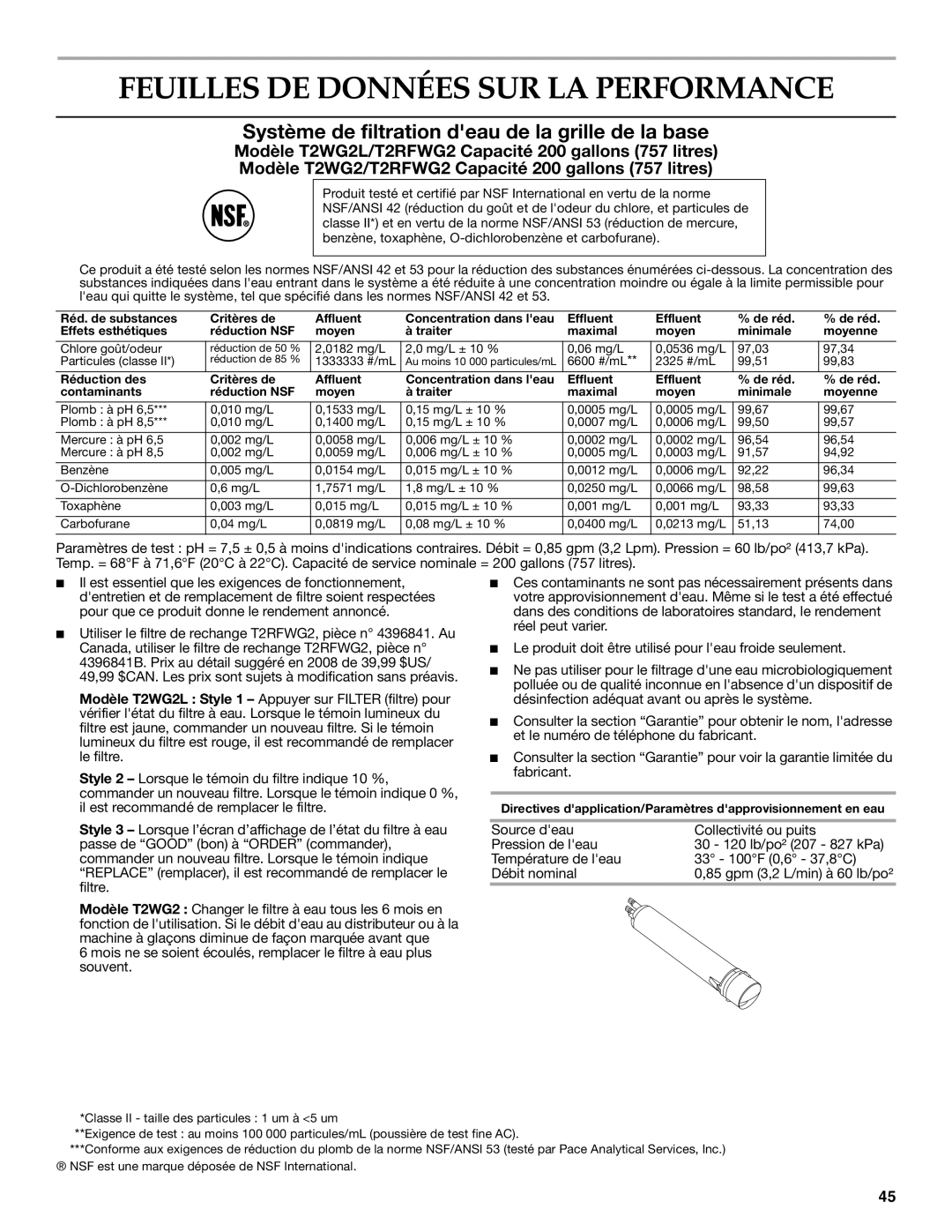 KitchenAid W10206413A Feuilles DE Données SUR LA Performance, Système de filtration deau de la grille de la base 