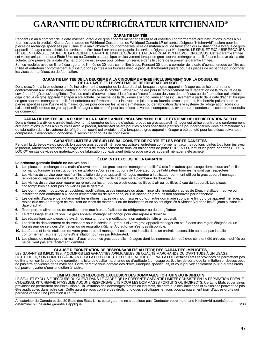 KitchenAid W10206413A, W10206412A installation instructions Garantie DU Réfrigérateur Kitchenaid, Garantie Limitée 