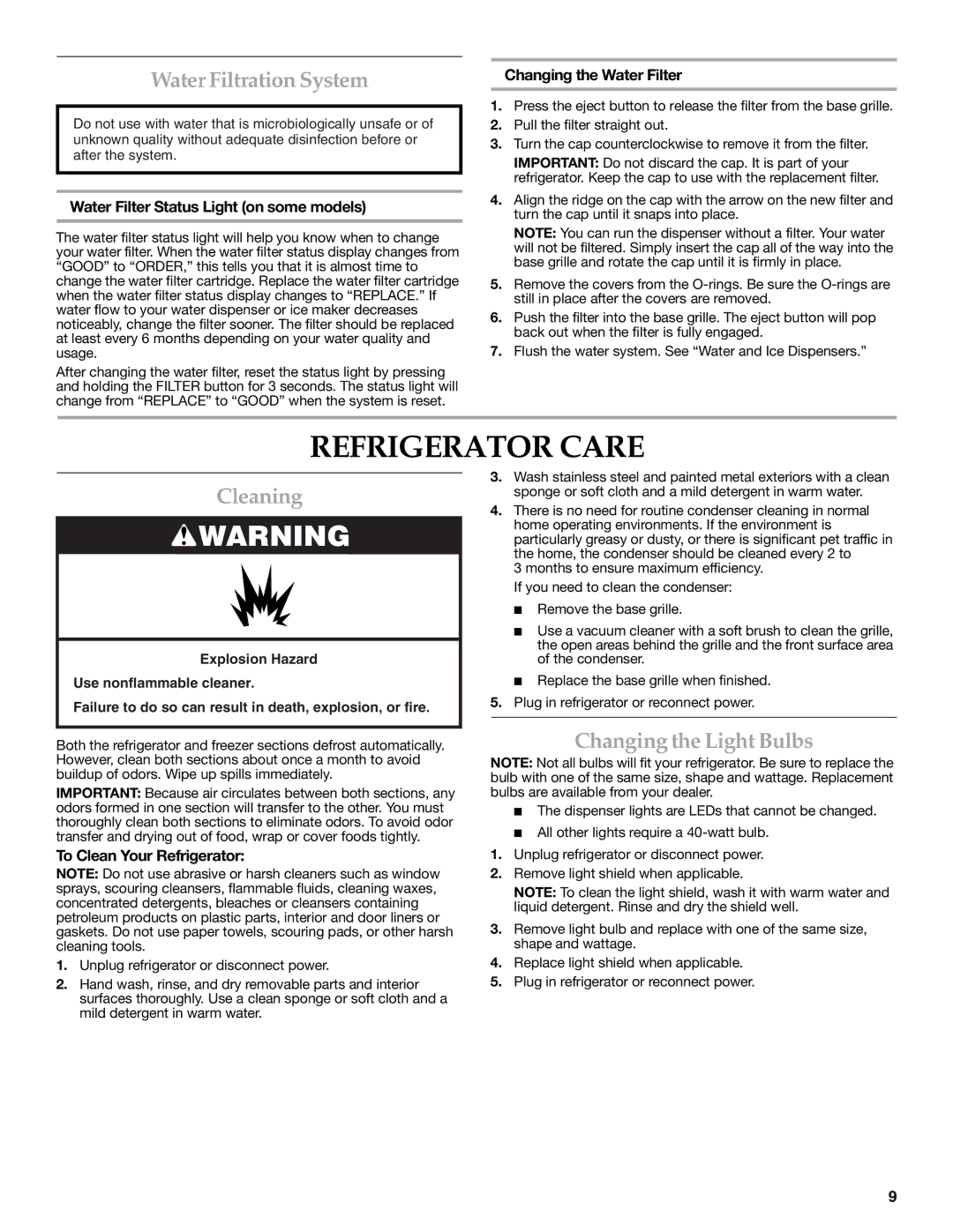 KitchenAid W10206413A, W10206412A Refrigerator Care, Water Filtration System, Cleaning, Changing the Light Bulbs 