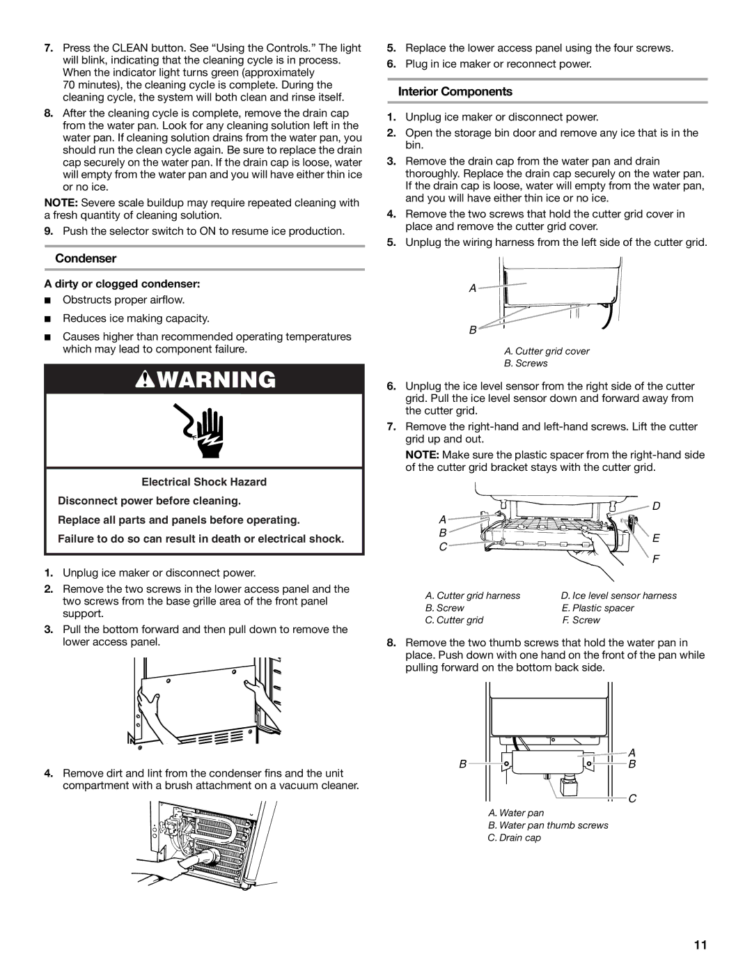 KitchenAid W10206423A manual Condenser, Interior Components, Dirty or clogged condenser 