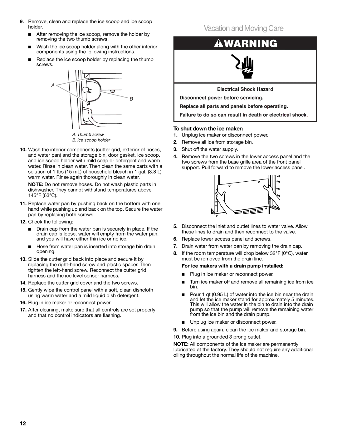 KitchenAid W10206423A Vacation and Moving Care, To shut down the ice maker, For ice makers with a drain pump installed 