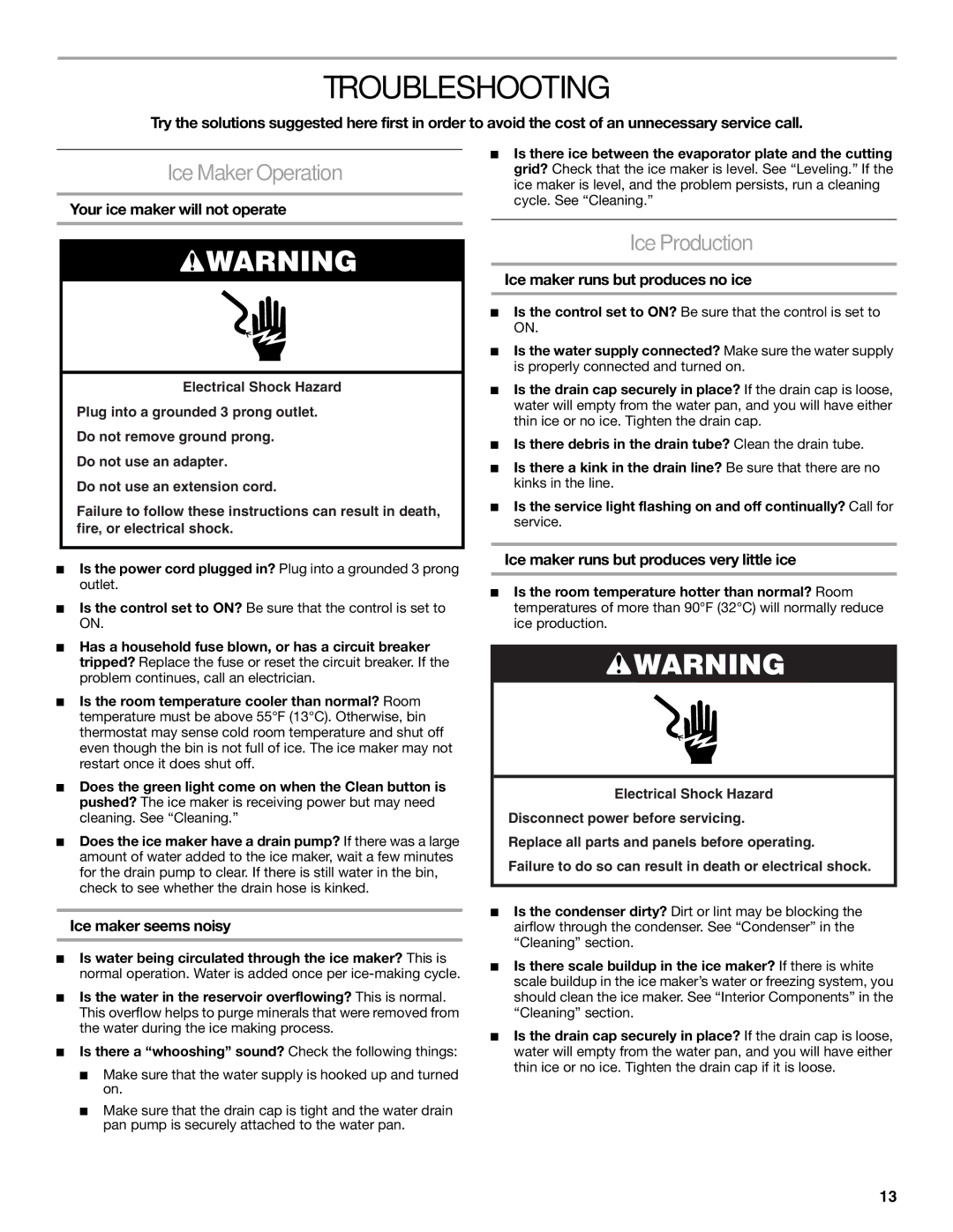 KitchenAid W10206423A manual Troubleshooting, Ice Maker Operation, Ice Production 