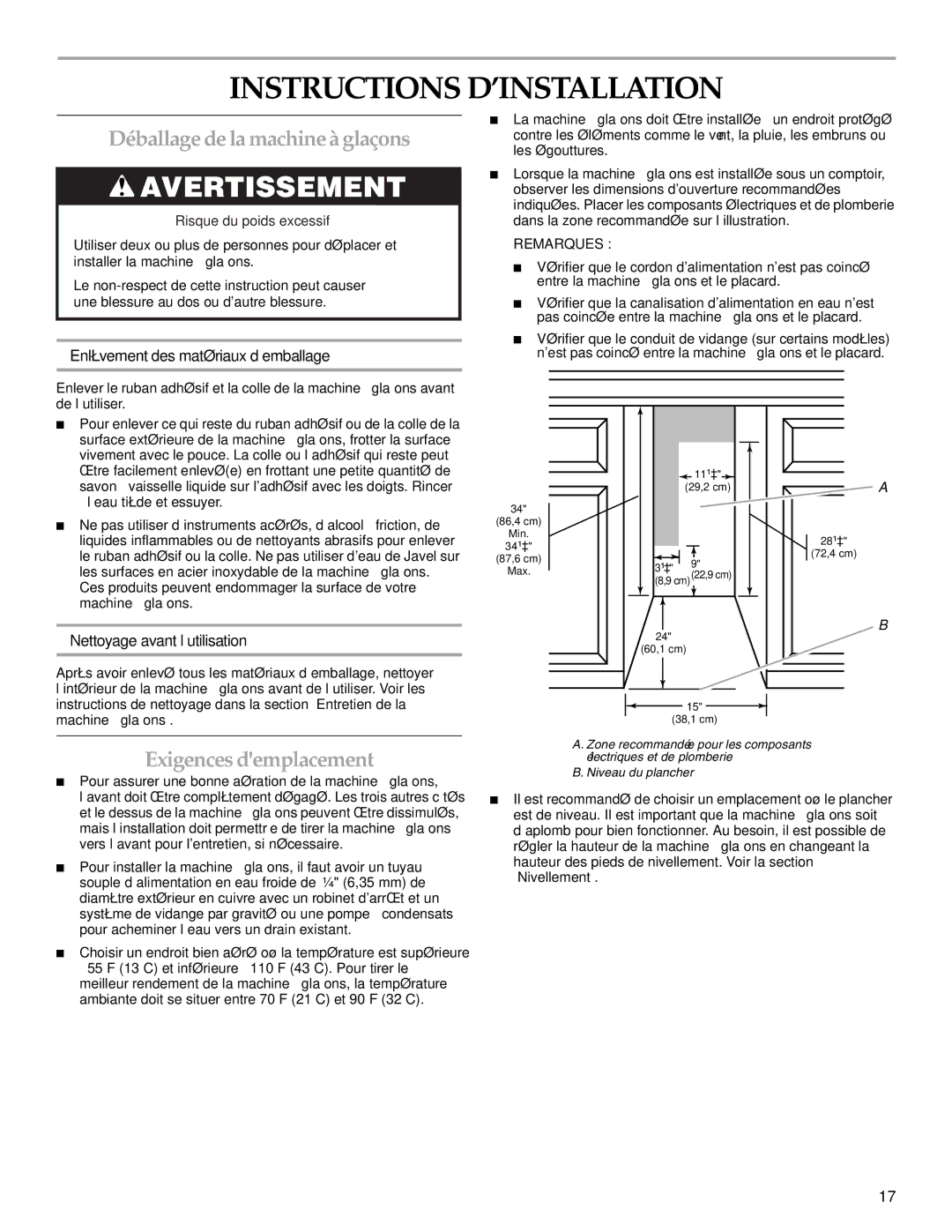 KitchenAid W10206423A manual Instructions D’INSTALLATION, Déballage de la machine à glaçons, Exigences demplacement 