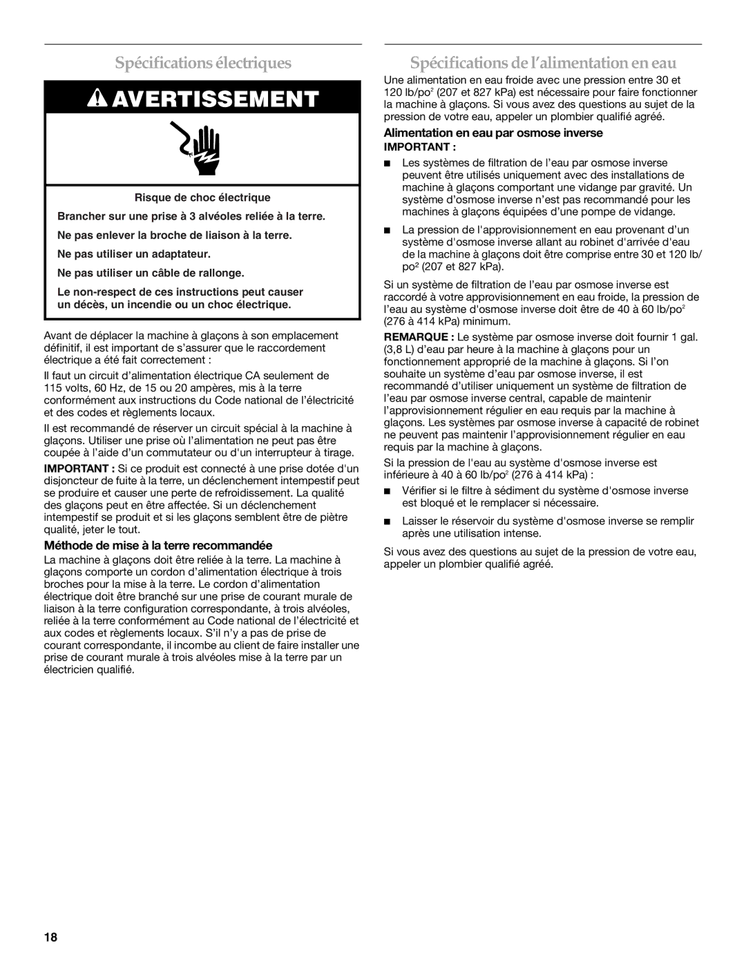 KitchenAid W10206423A manual Spécifications électriques, Spécifications de l’alimentation en eau 