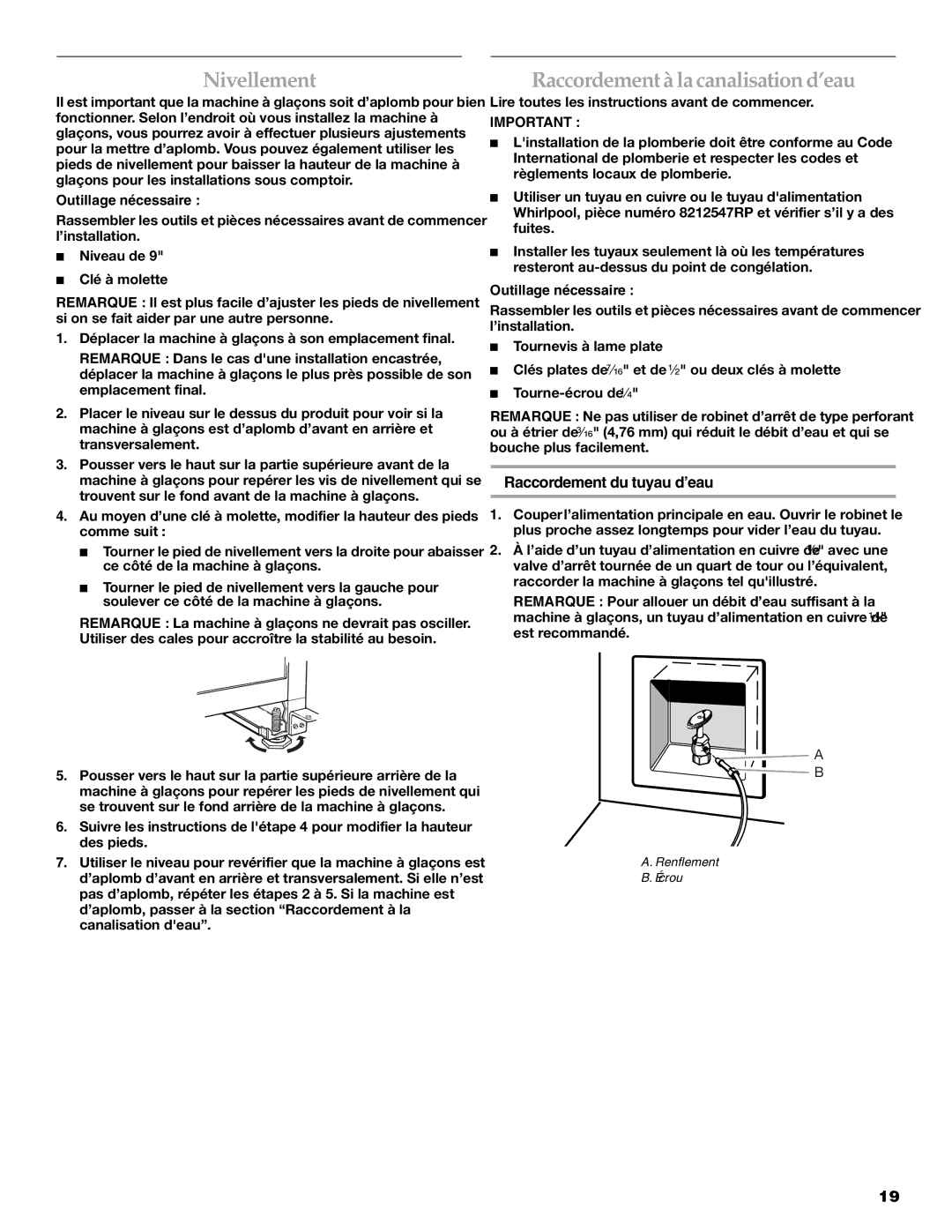 KitchenAid W10206423A Nivellement, Raccordement à la canalisation d’eau, Raccordement du tuyau d’eau, Outillage nécessaire 