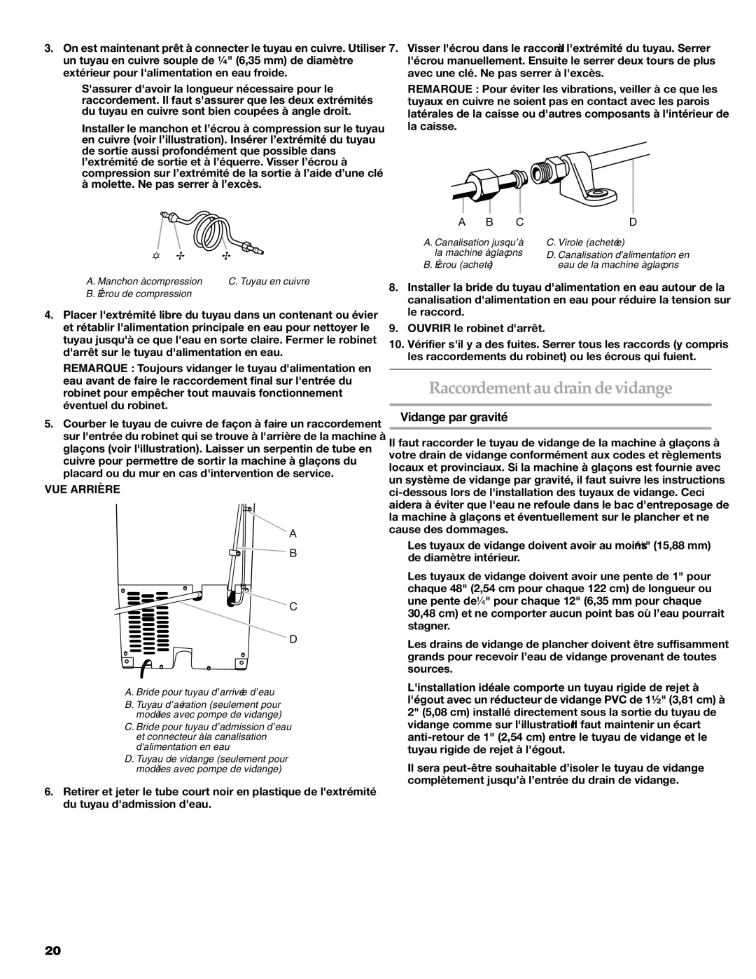 KitchenAid W10206423A manual Raccordement au drain de vidange, Vidange par gravité, VUE Arrière 