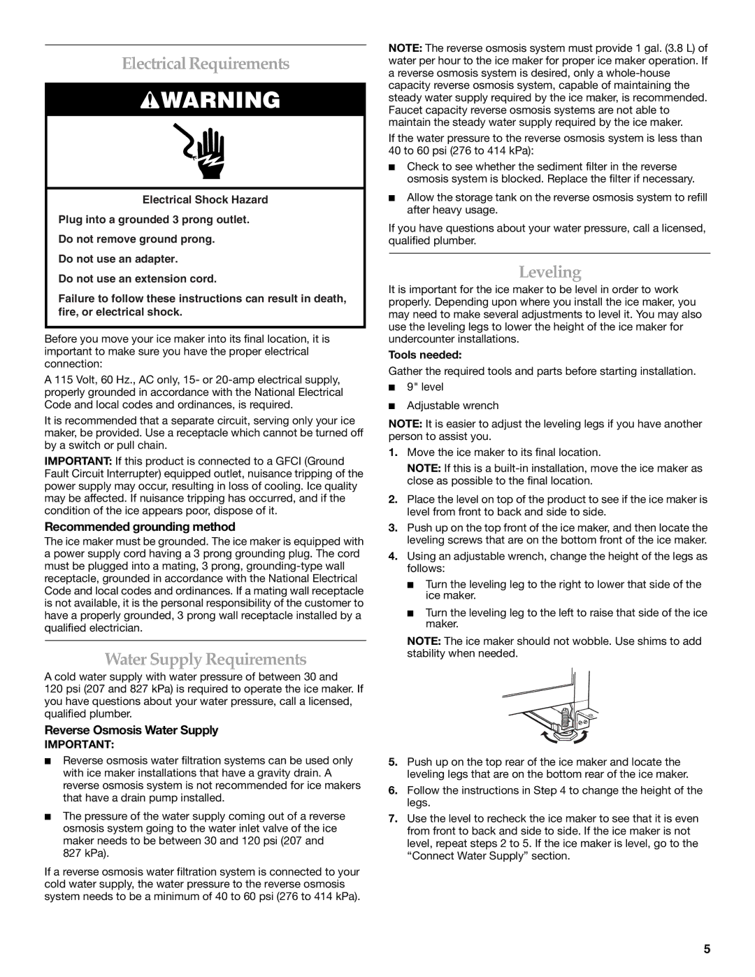 KitchenAid W10206423A manual Electrical Requirements, Water Supply Requirements, Leveling, Recommended grounding method 