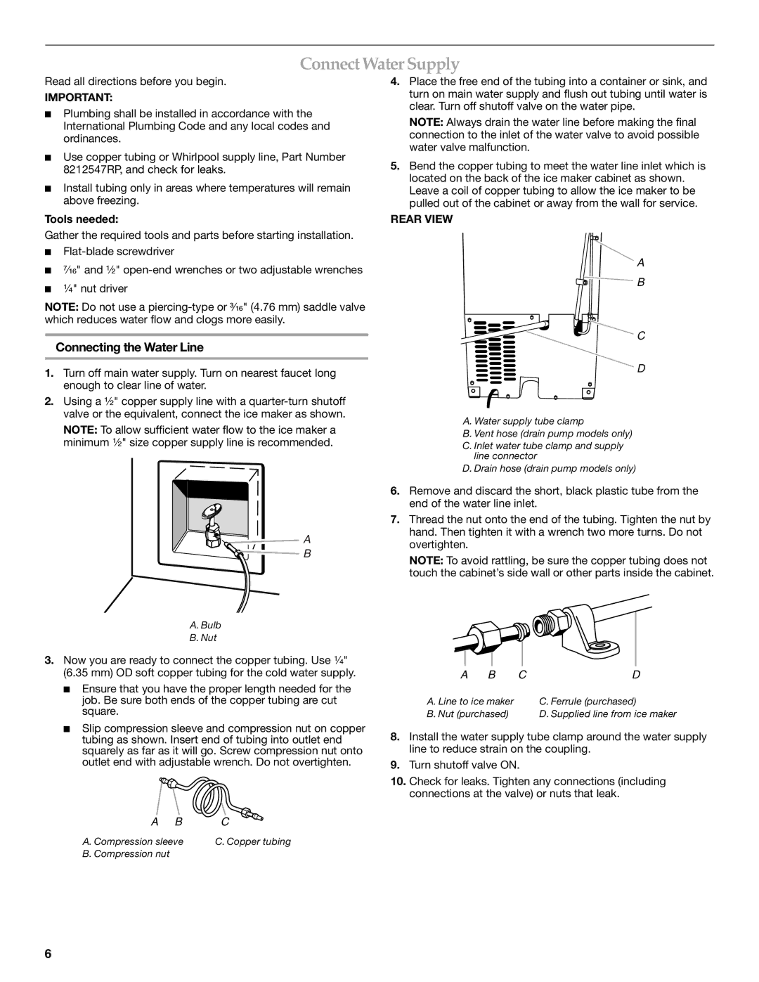 KitchenAid W10206423A manual Connect Water Supply, Connecting the Water Line, Rear View 