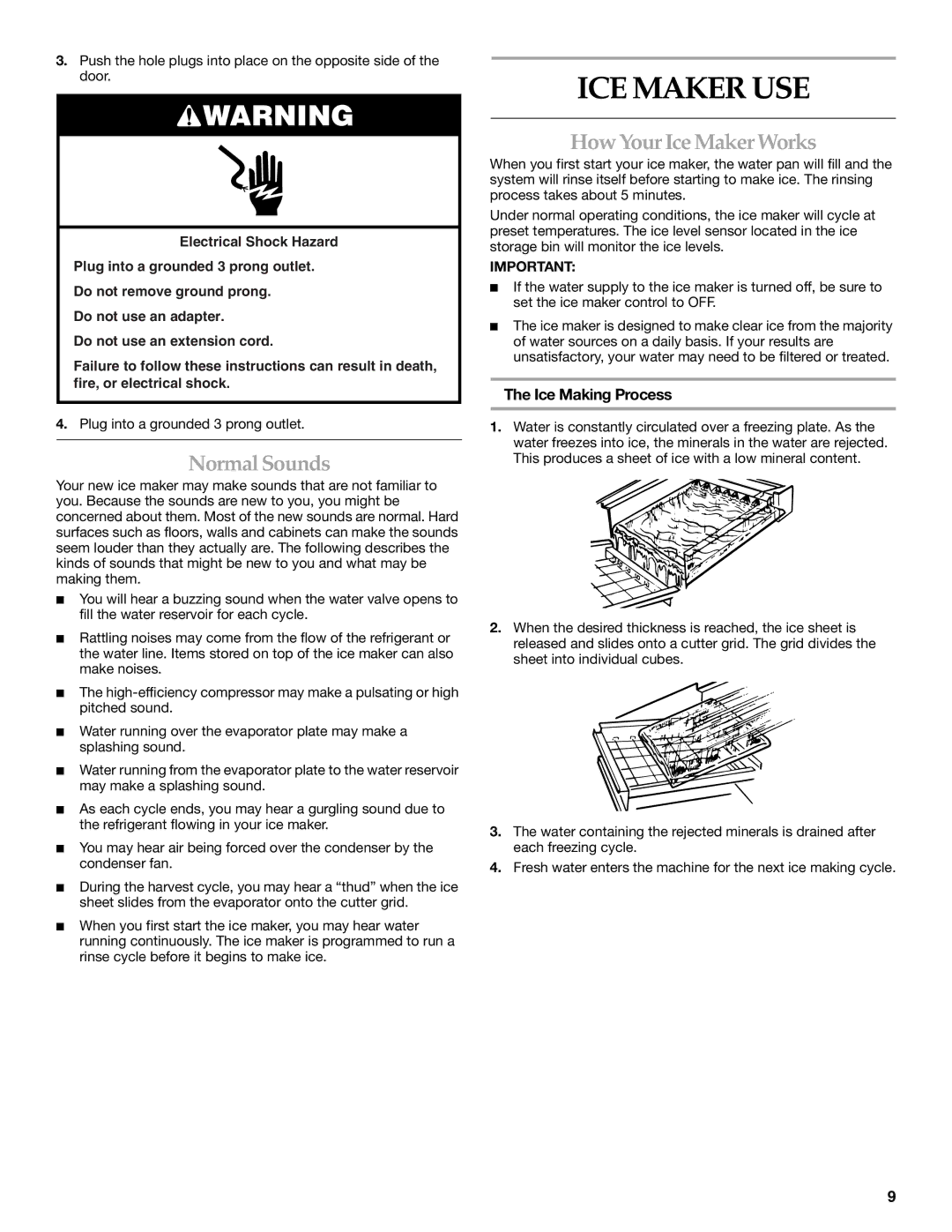 KitchenAid W10206423A manual ICE Maker USE, Normal Sounds, How Your Ice Maker Works, Ice Making Process 