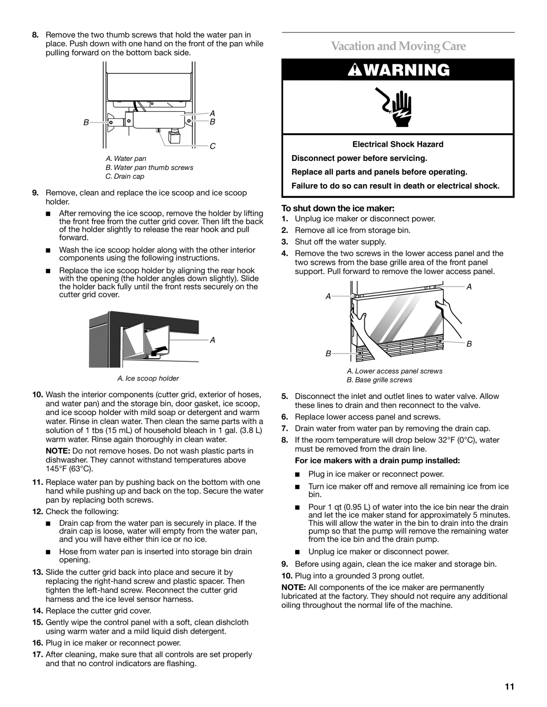 KitchenAid W10206425A Vacation and Moving Care, To shut down the ice maker, For ice makers with a drain pump installed 