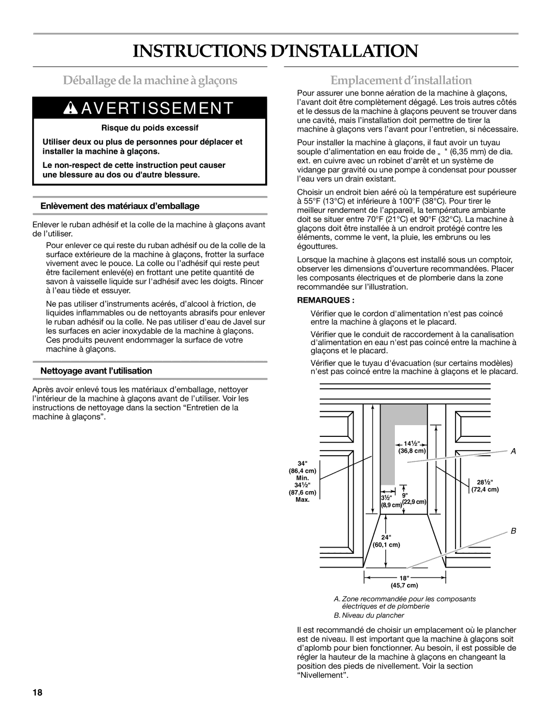 KitchenAid W10206425A manual Instructions D’INSTALLATION, Déballage de la machine à glaçons, Emplacement d’installation 