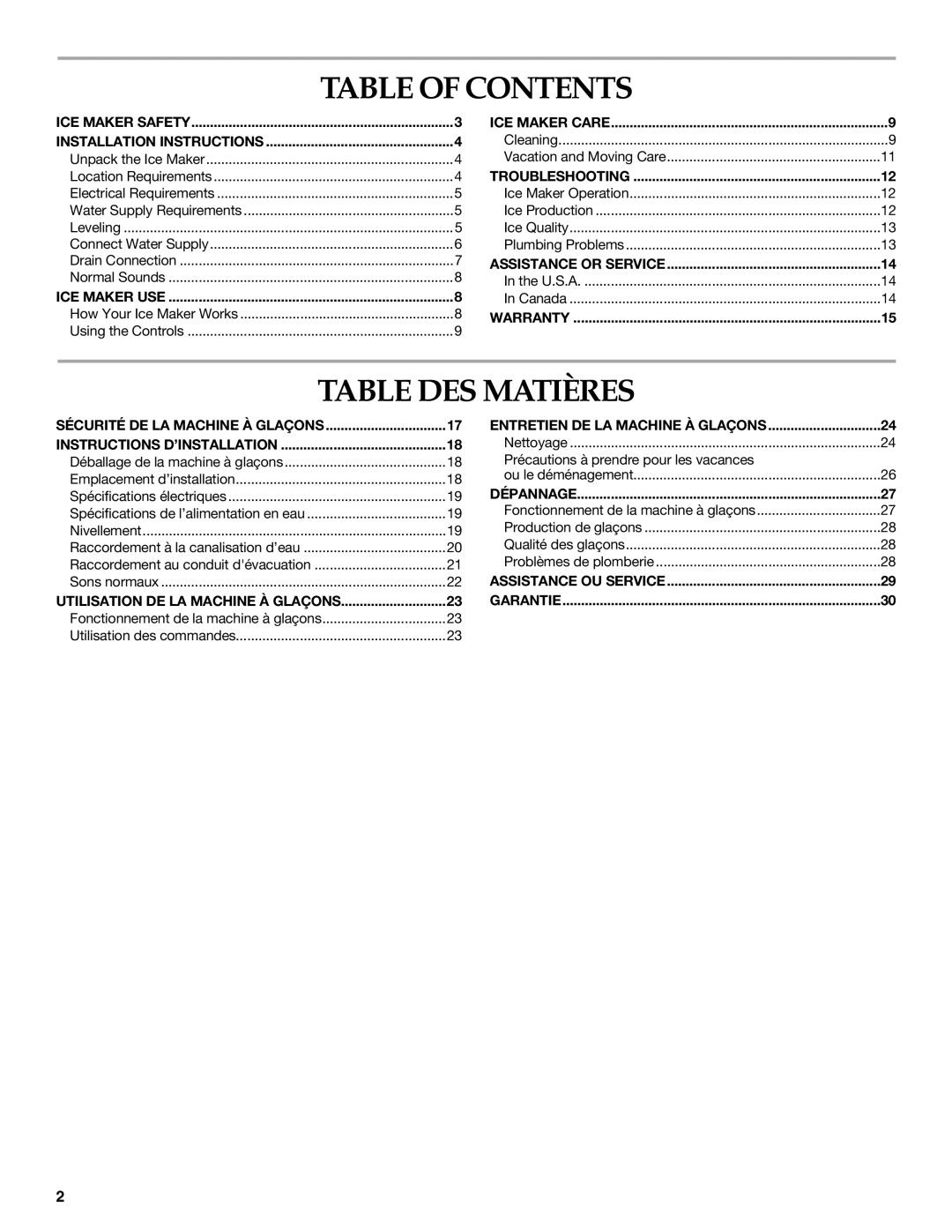 KitchenAid W10206425A manual Table of Contents, Table DES Matières 