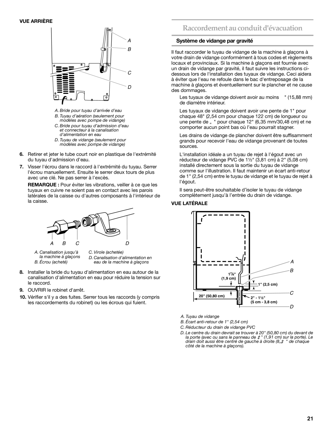 KitchenAid W10206425A manual Raccordement au conduit dévacuation, Système de vidange par gravité, VUE Arrière, VUE Latérale 