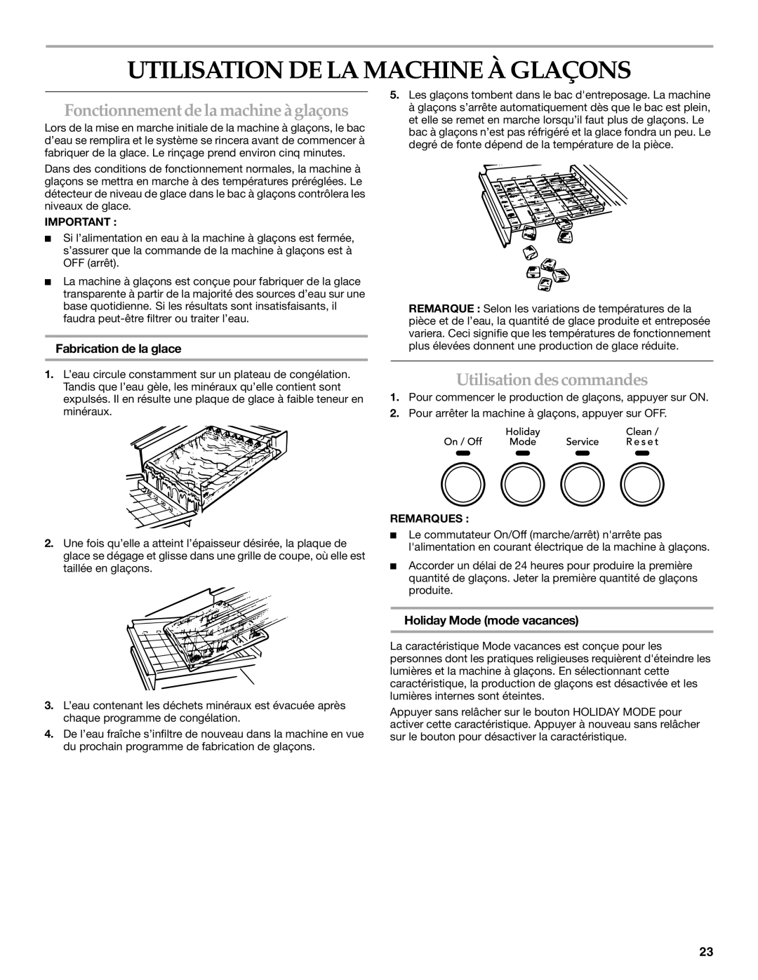 KitchenAid W10206425A Utilisation DE LA Machine À Glaçons, Fonctionnement de la machine à glaçons, Fabrication de la glace 