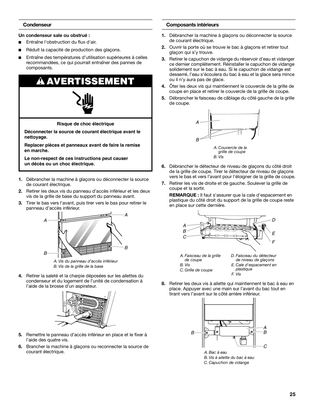 KitchenAid W10206425A manual Condenseur, Composants intérieurs, Un condenseur sale ou obstrué 