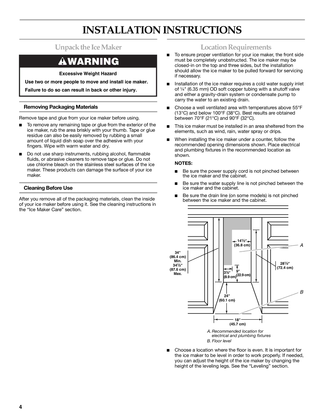 KitchenAid W10206425A Installation Instructions, Unpack the Ice Maker, Location Requirements, Removing Packaging Materials 