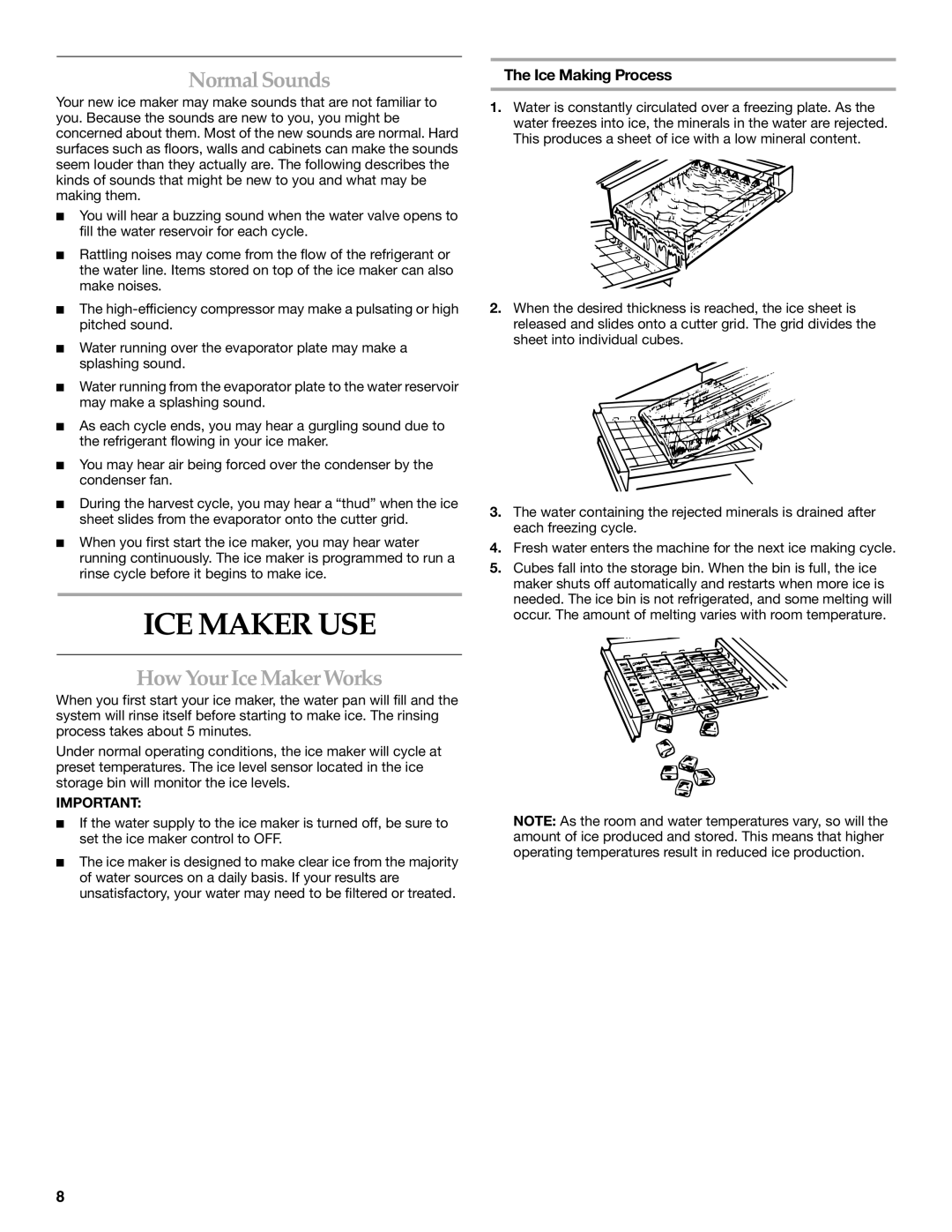 KitchenAid W10206425A manual ICE Maker USE, Normal Sounds, How Your Ice Maker Works, Ice Making Process 