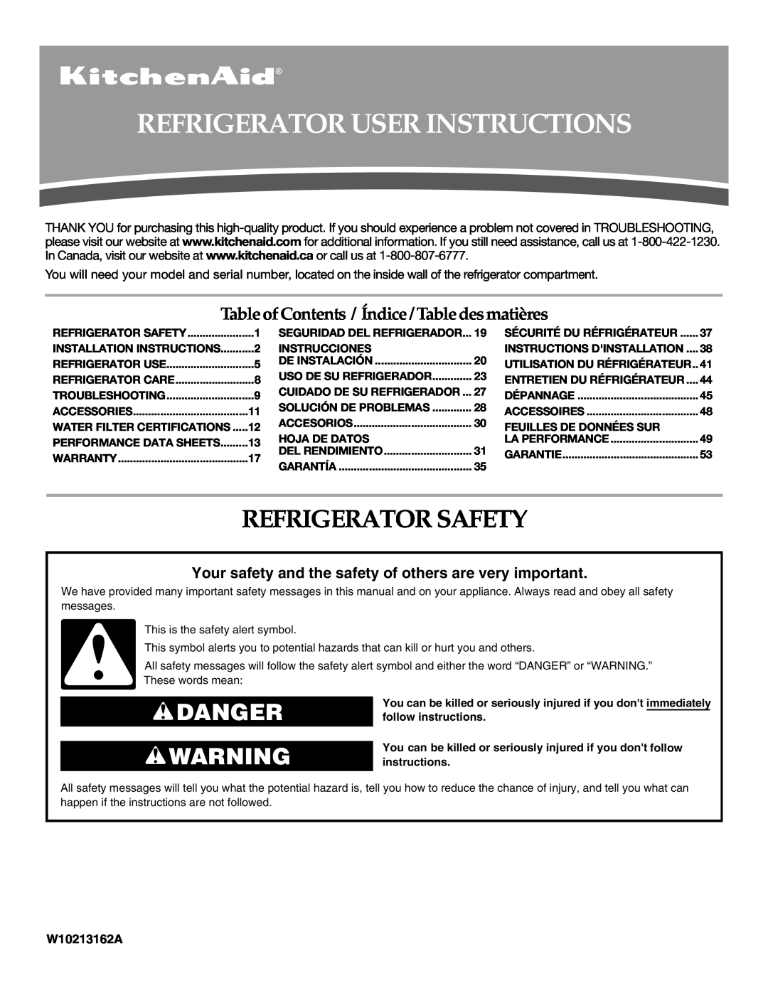 KitchenAid W10213162A installation instructions Refrigerator User Instructions, Refrigerator Safety, Danger 