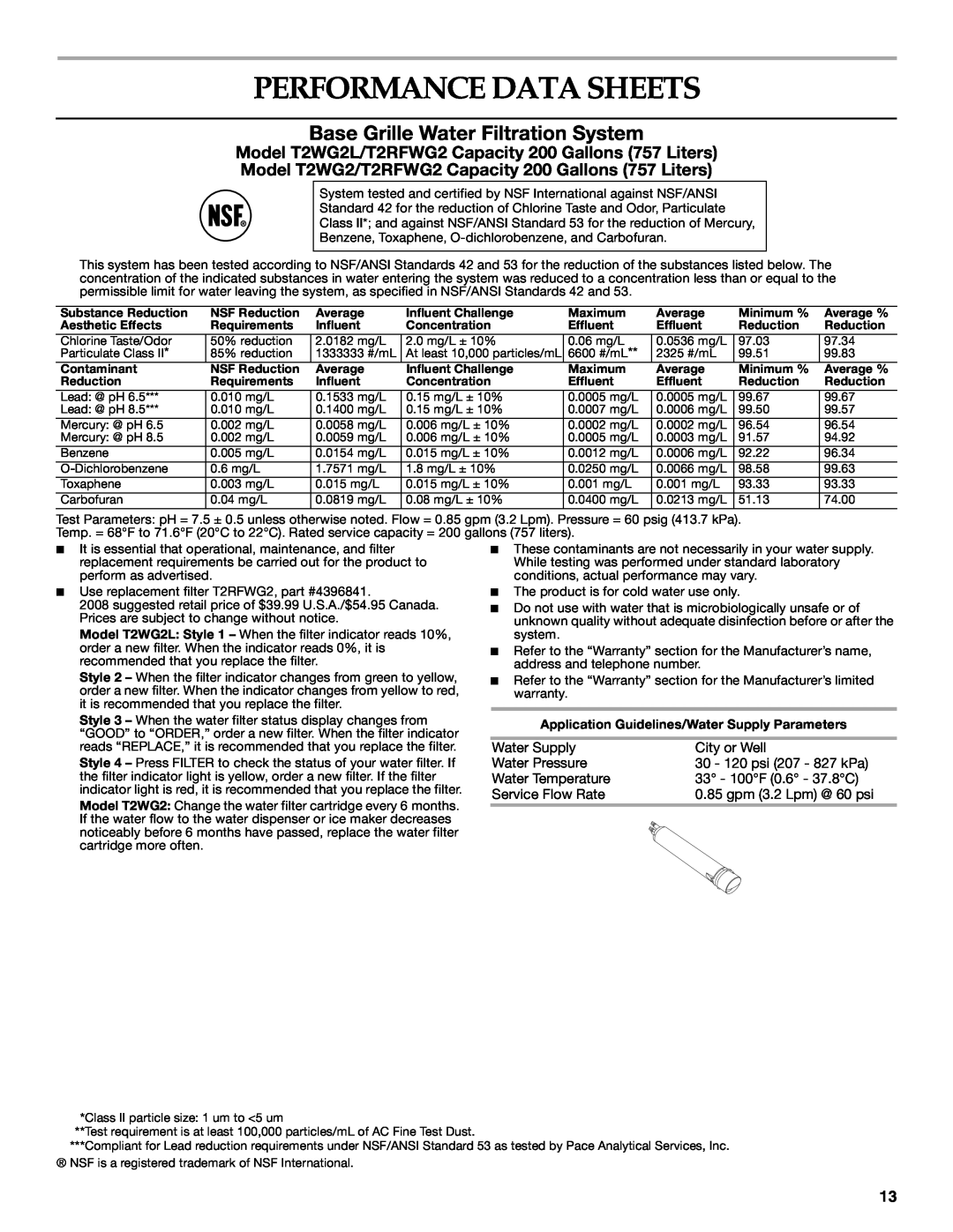 KitchenAid W10213162A installation instructions Performance Data Sheets, Base Grille Water Filtration System 