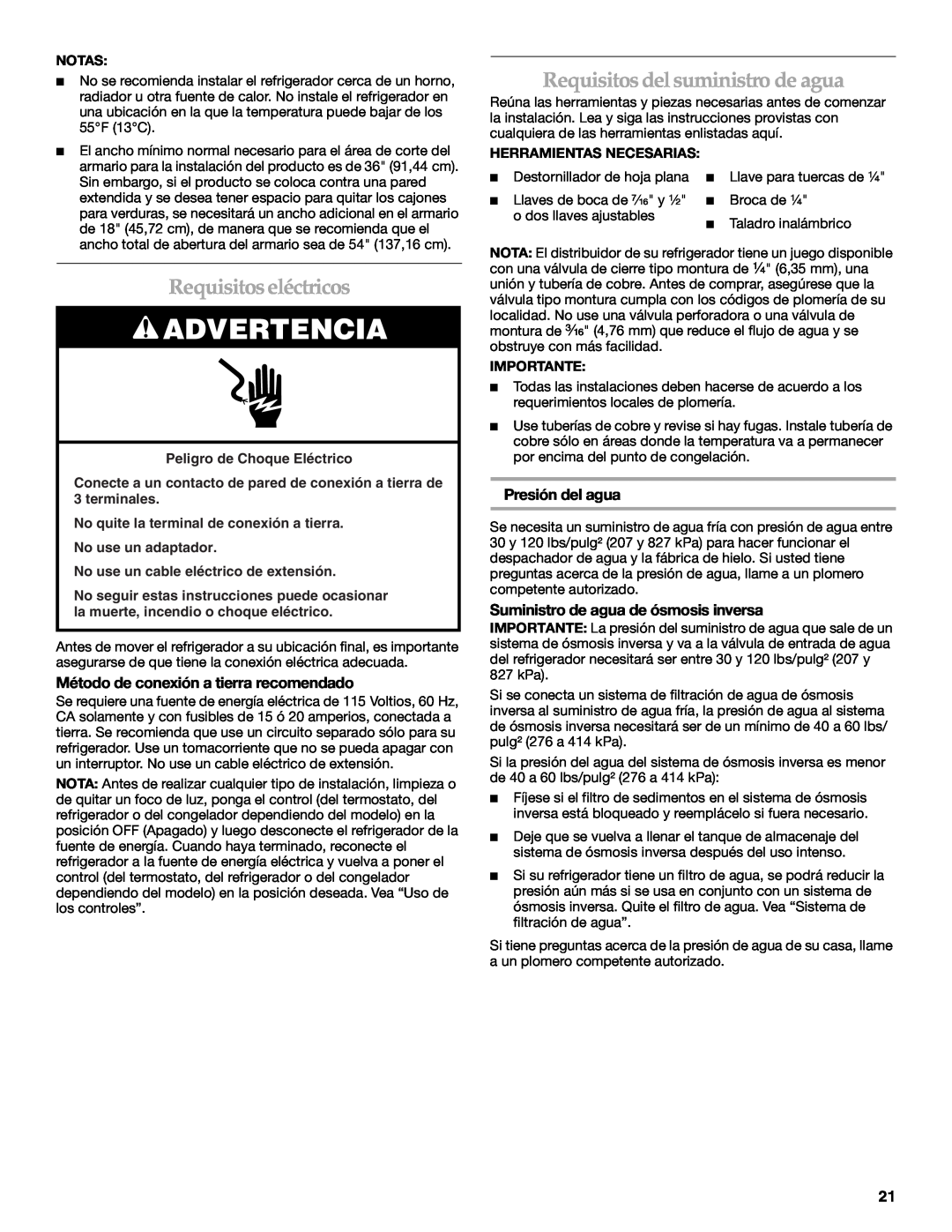 KitchenAid W10213162A Requisitos eléctricos, Requisitos del suministro de agua, Método de conexión a tierra recomendado 