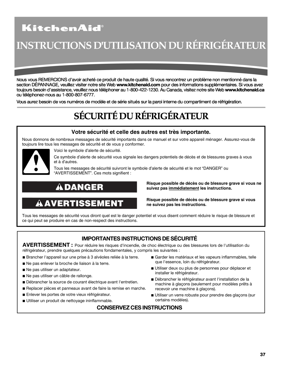 KitchenAid W10213162A Instructions Dutilisation Du Réfrigérateur, Sécurité Du Réfrigérateur, Danger Avertissement 