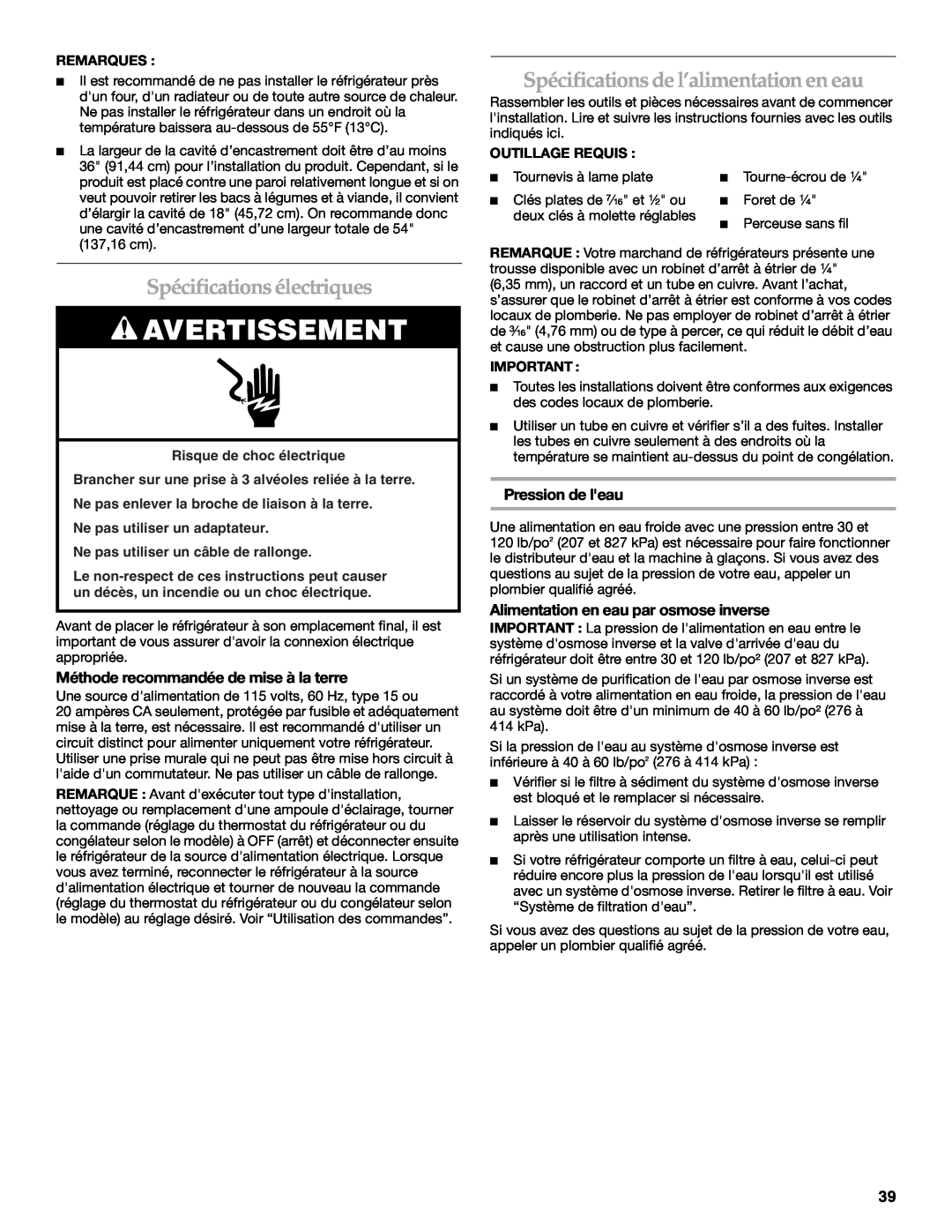 KitchenAid W10213162A Spécifications électriques, Spécifications de l’alimentation en eau, Pression de leau, Avertissement 