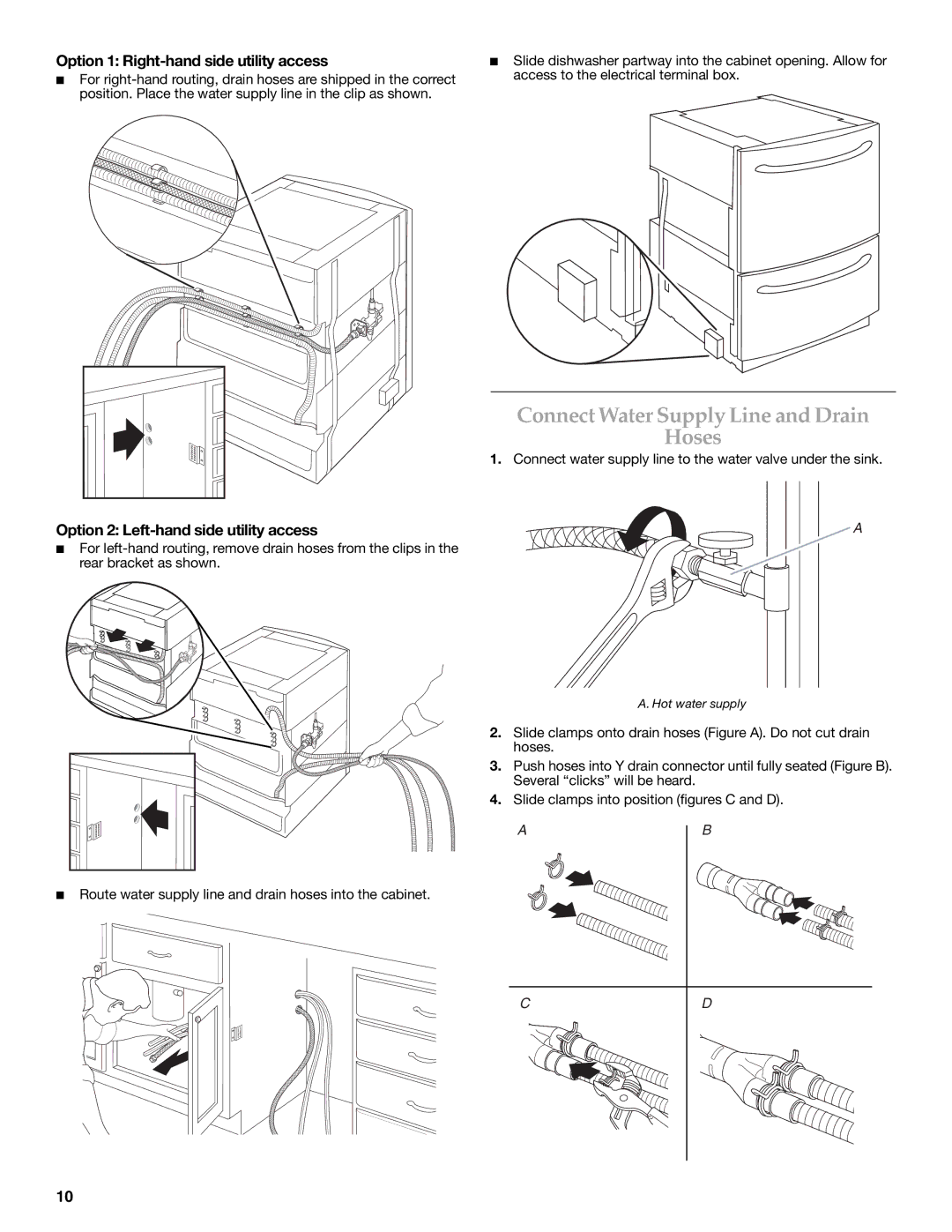 KitchenAid W10216167A Connect Water Supply Line and Drain Hoses, Option 1 Right-hand side utility access 