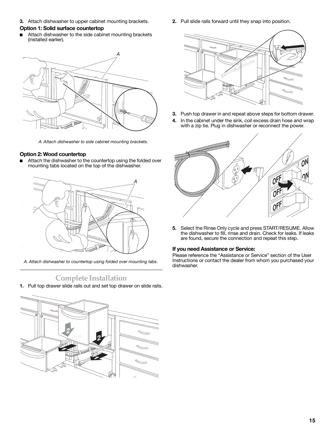 KitchenAid W10216167A Complete Installation, Option 1 Solid surface countertop, Option 2 Wood countertop 