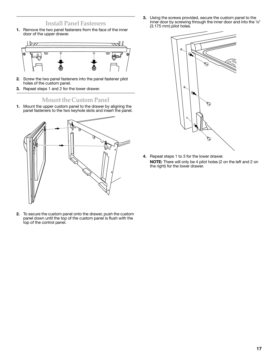 KitchenAid W10216167A installation instructions Install Panel Fasteners, Mount the Custom Panel 