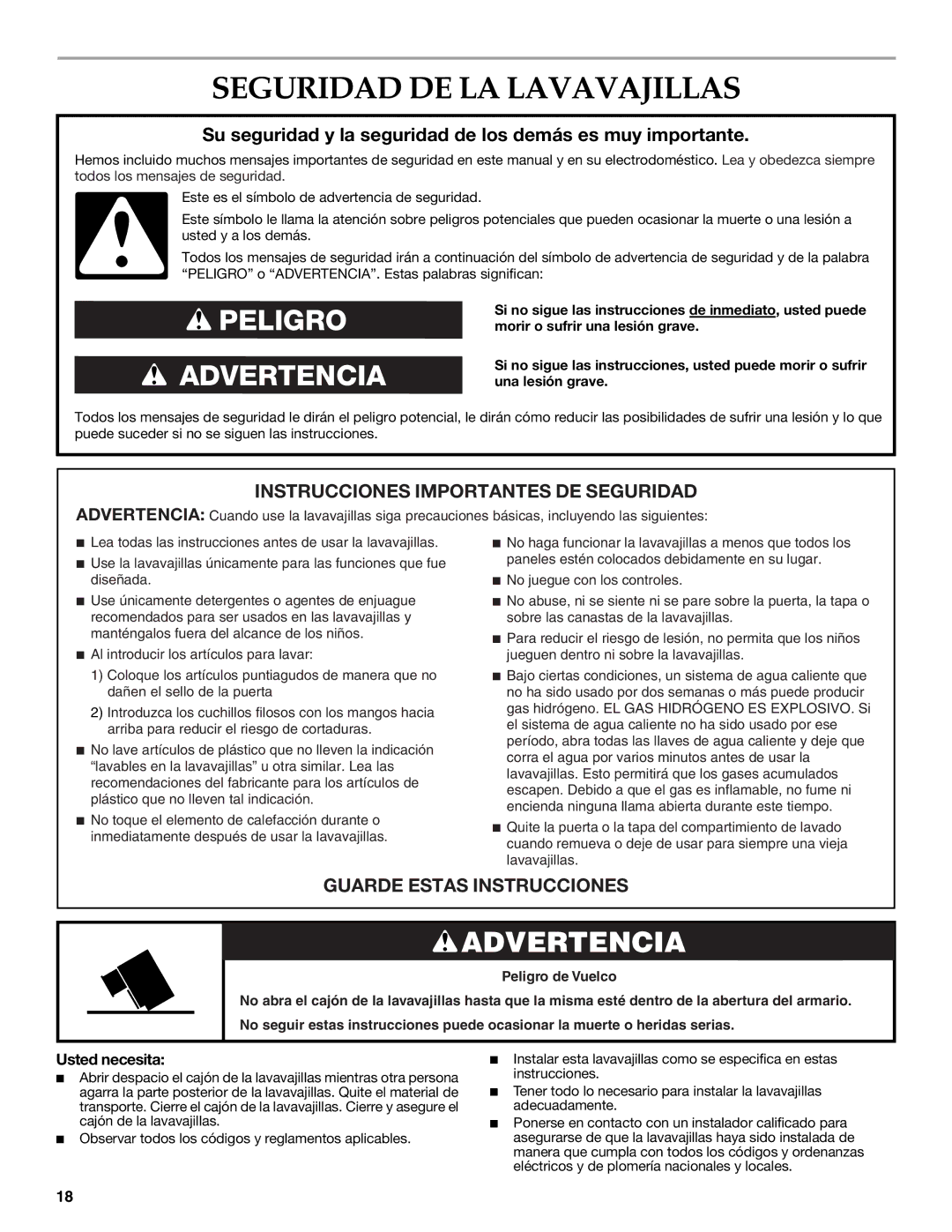 KitchenAid W10216167A installation instructions Seguridad DE LA Lavavajillas, Usted necesita 