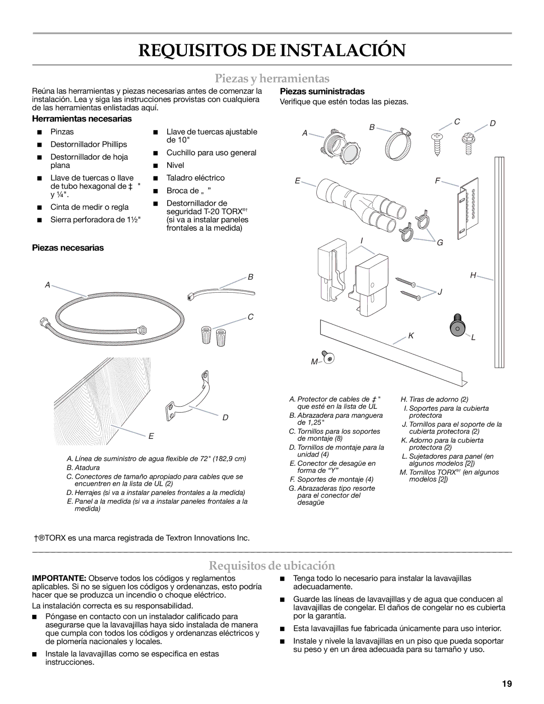 KitchenAid W10216167A installation instructions Requisitos DE Instalación, Piezas y herramientas, Requisitos de ubicación 