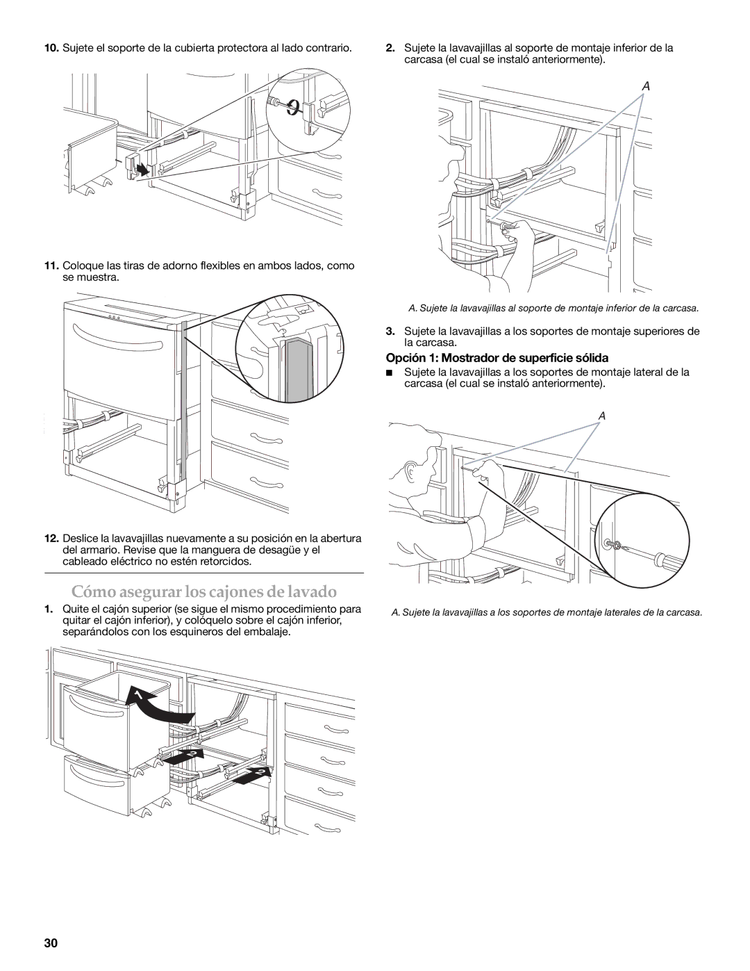 KitchenAid W10216167A Cómo asegurar los cajones de lavado, Opción 1 Mostrador de superficie sólida 