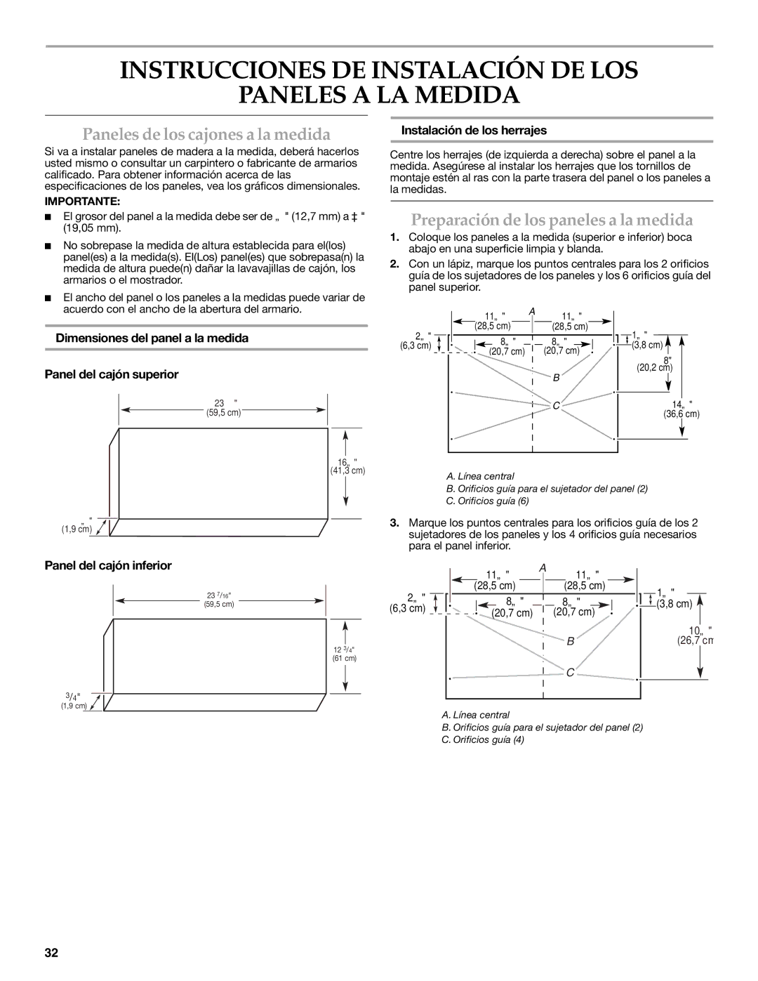 KitchenAid W10216167A Instrucciones DE Instalación DE LOS Paneles a LA Medida, Paneles de los cajones a la medida 