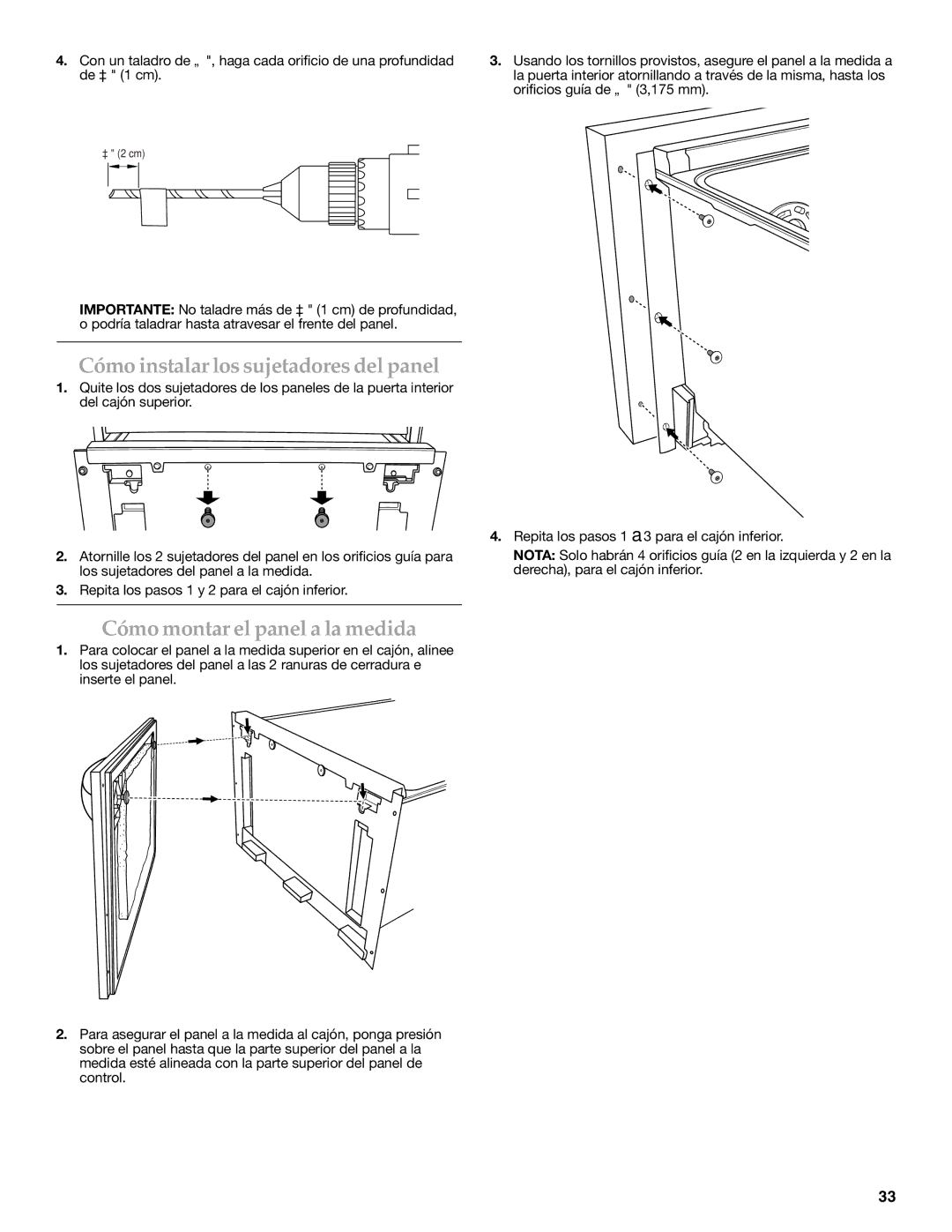 KitchenAid W10216167A installation instructions Cómo instalar los sujetadores del panel, Cómo montar el panel a la medida 