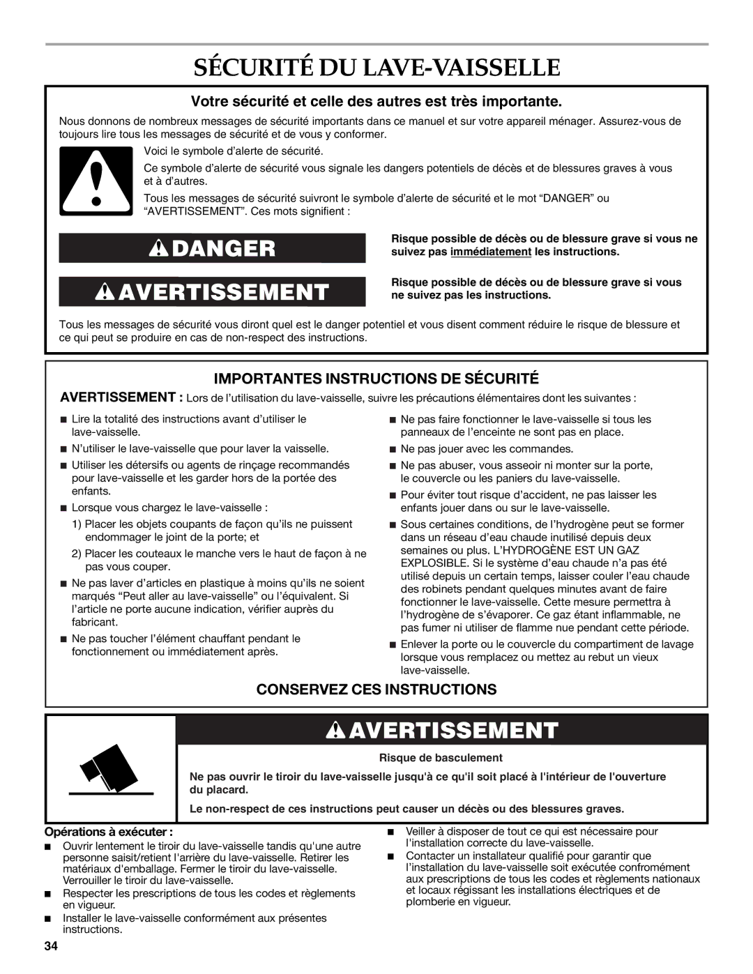 KitchenAid W10216167A installation instructions Sécurité DU LAVE-VAISSELLE, Opérations à exécuter 