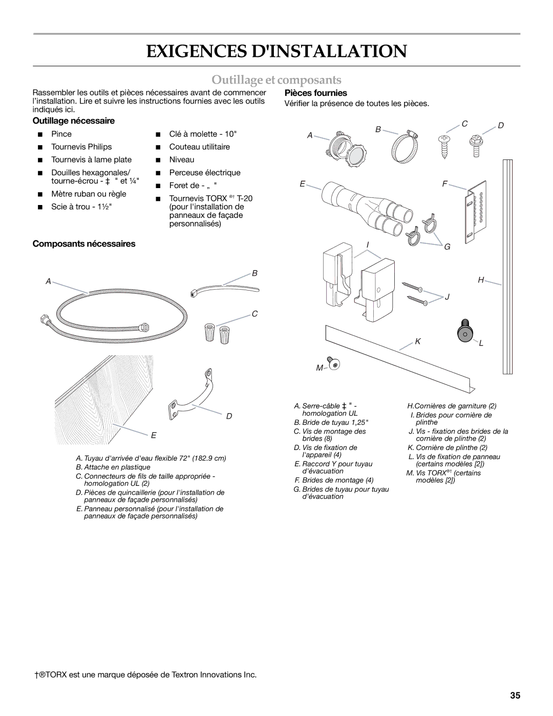 KitchenAid W10216167A Exigences Dinstallation, Outillage et composants, Pièces fournies, Outillage nécessaire 