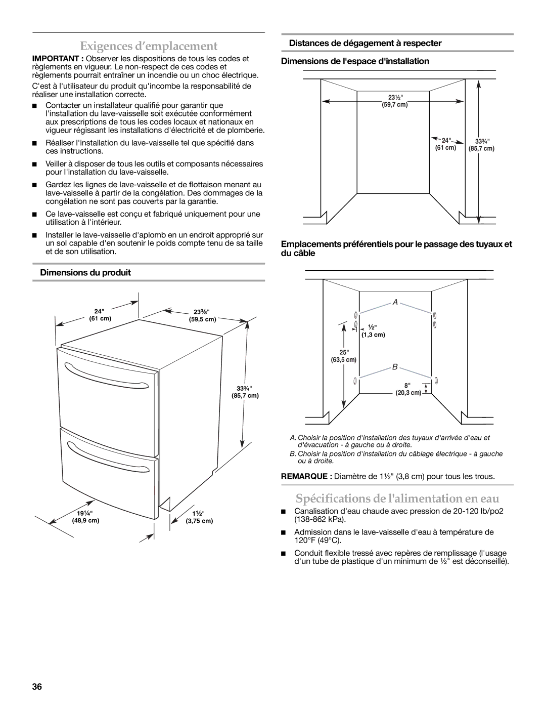 KitchenAid W10216167A Exigences d’emplacement, Spécifications de lalimentation en eau, Dimensions du produit 