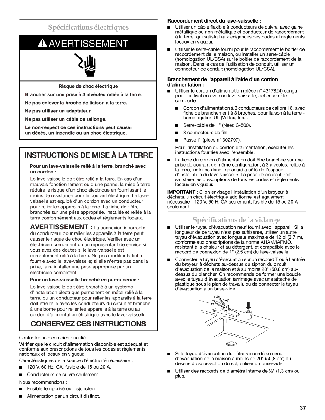 KitchenAid W10216167A Spécifications électriques, Spécifications de la vidange, Raccordement direct du lave-vaisselle 