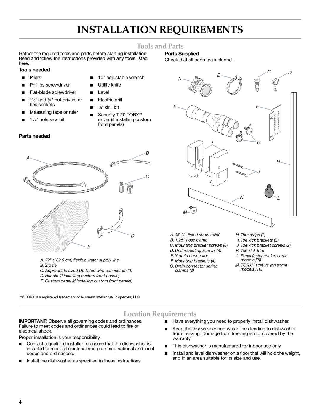 KitchenAid W10216167A Installation Requirements, Tools and Parts, Location Requirements, Tools needed, Parts needed 