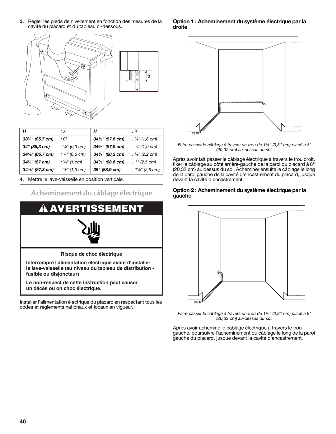 KitchenAid W10216167A Acheminement du câblage électrique, Option 1 Acheminement du système électrique par la droite 