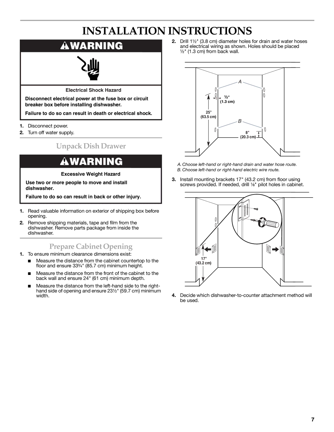 KitchenAid W10216167A installation instructions Installation Instructions, Unpack Dish Drawer, Prepare Cabinet Opening 