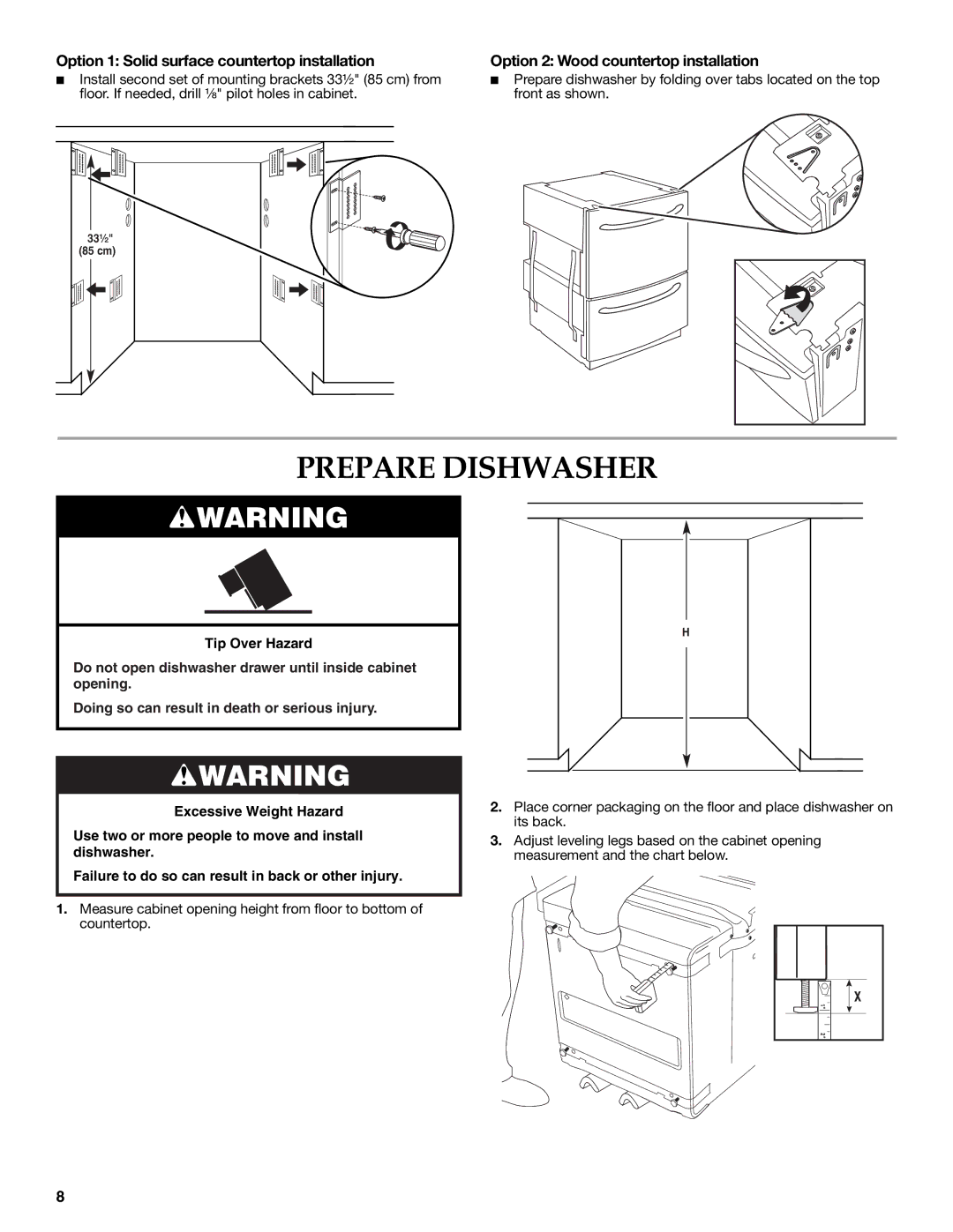 KitchenAid W10216167A installation instructions Prepare Dishwasher, Option 1 Solid surface countertop installation 