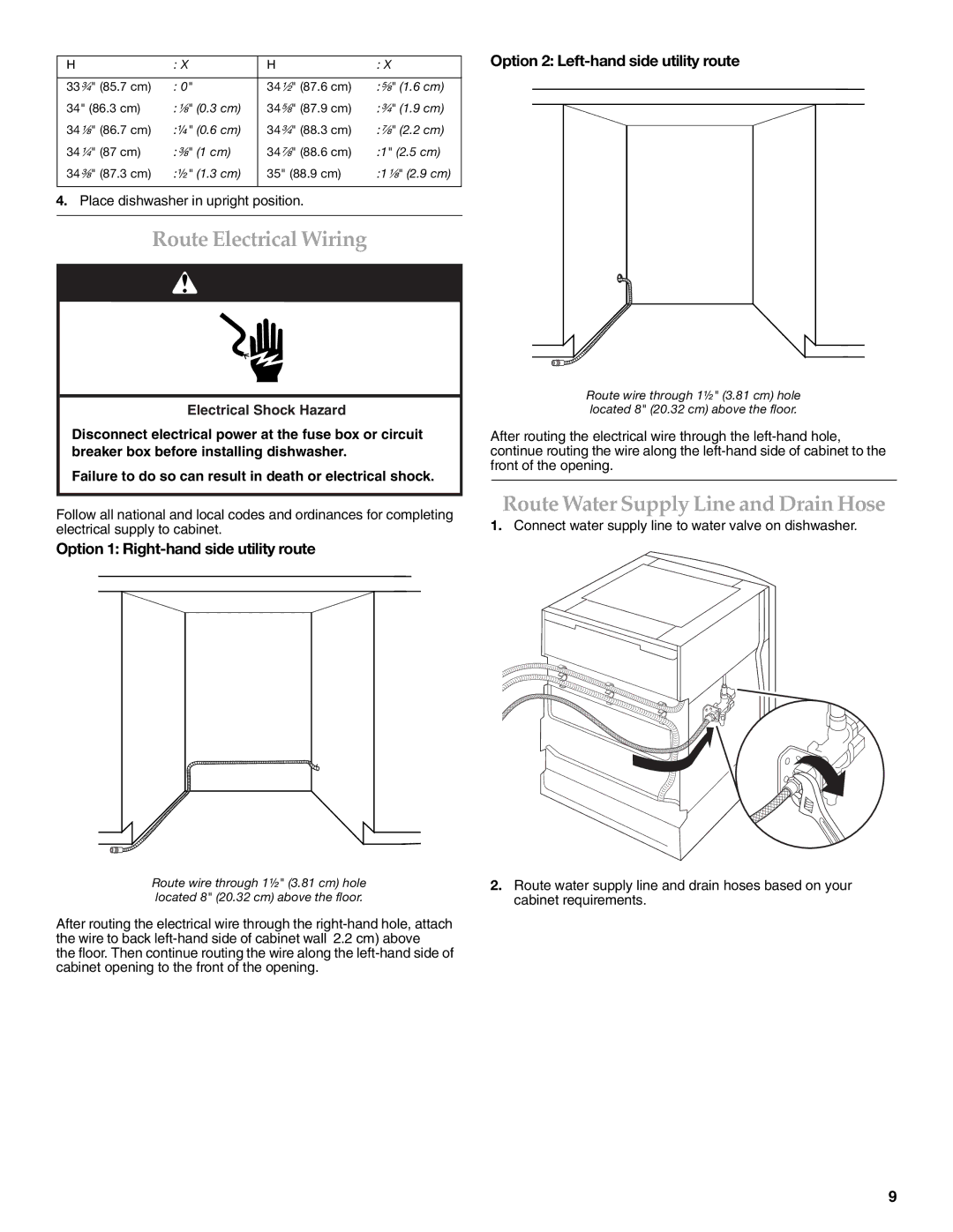 KitchenAid W10216167A installation instructions Route Electrical Wiring, Route Water Supply Line and Drain Hose 