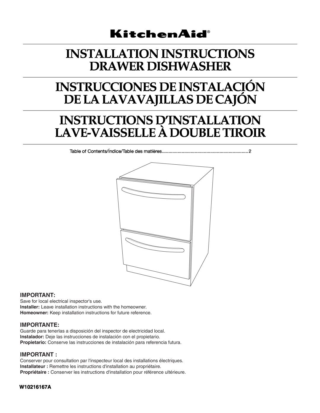 KitchenAid W10216167A installation instructions Installation Instructions Drawer Dishwasher, Importante 