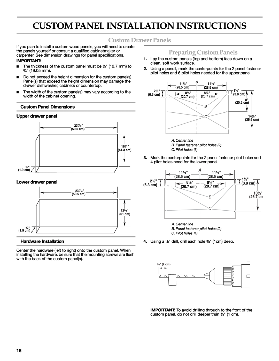 KitchenAid W10216167A Custom Panel Installation Instructions, Custom Drawer Panels, Preparing Custom Panels, 11¹⁄₄, 2¹⁄₂ 