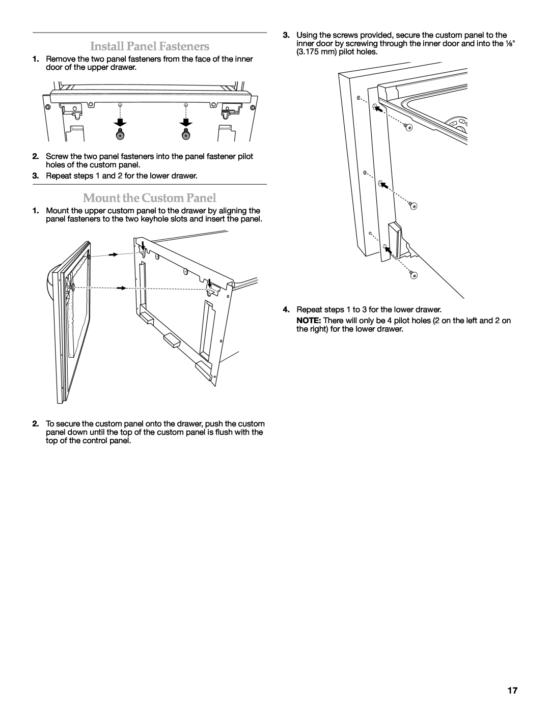 KitchenAid W10216167A installation instructions Install Panel Fasteners, Mount the Custom Panel 