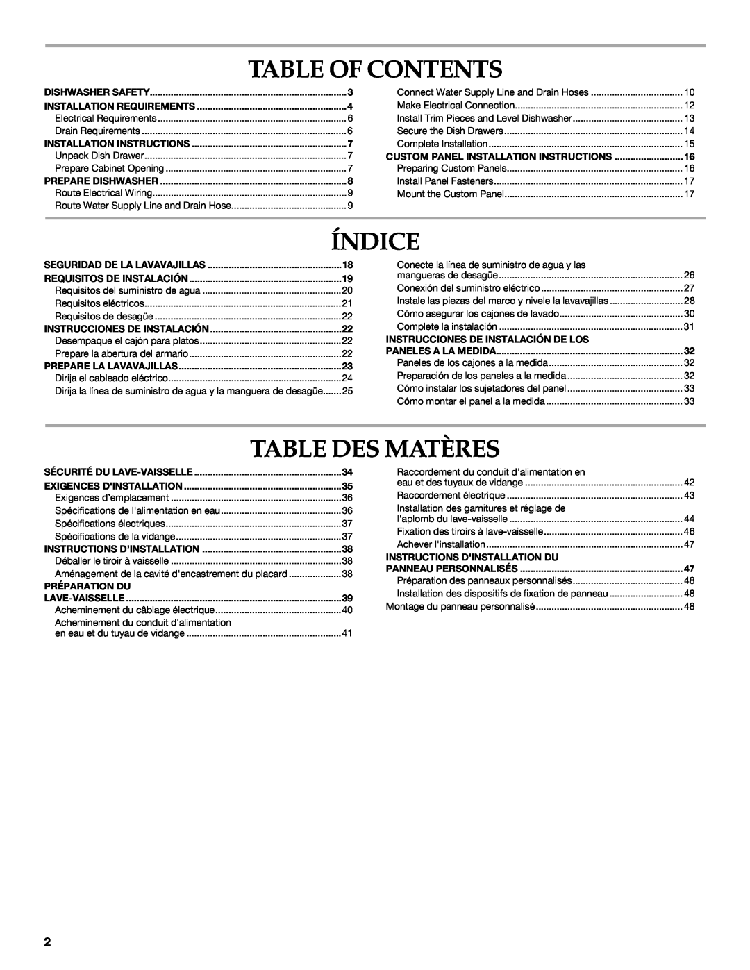 KitchenAid W10216167A Table Of Contents, Índice, Table Des Matères, Instrucciones De Instalación De Los, Préparation Du 